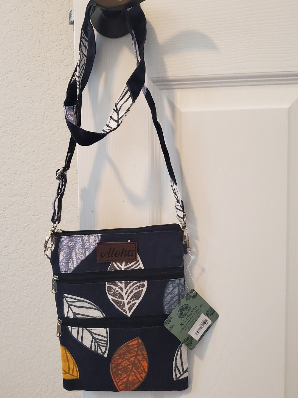 Aloha Navy Leaf Print Crossbody Bag with Adjustable Strap